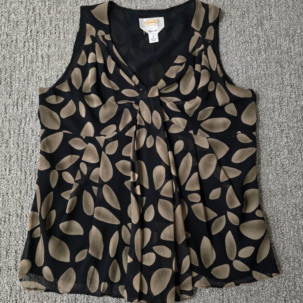 Talbots Petites 100% Silk Babydoll Tank Top Brown Beige Print Size 4P